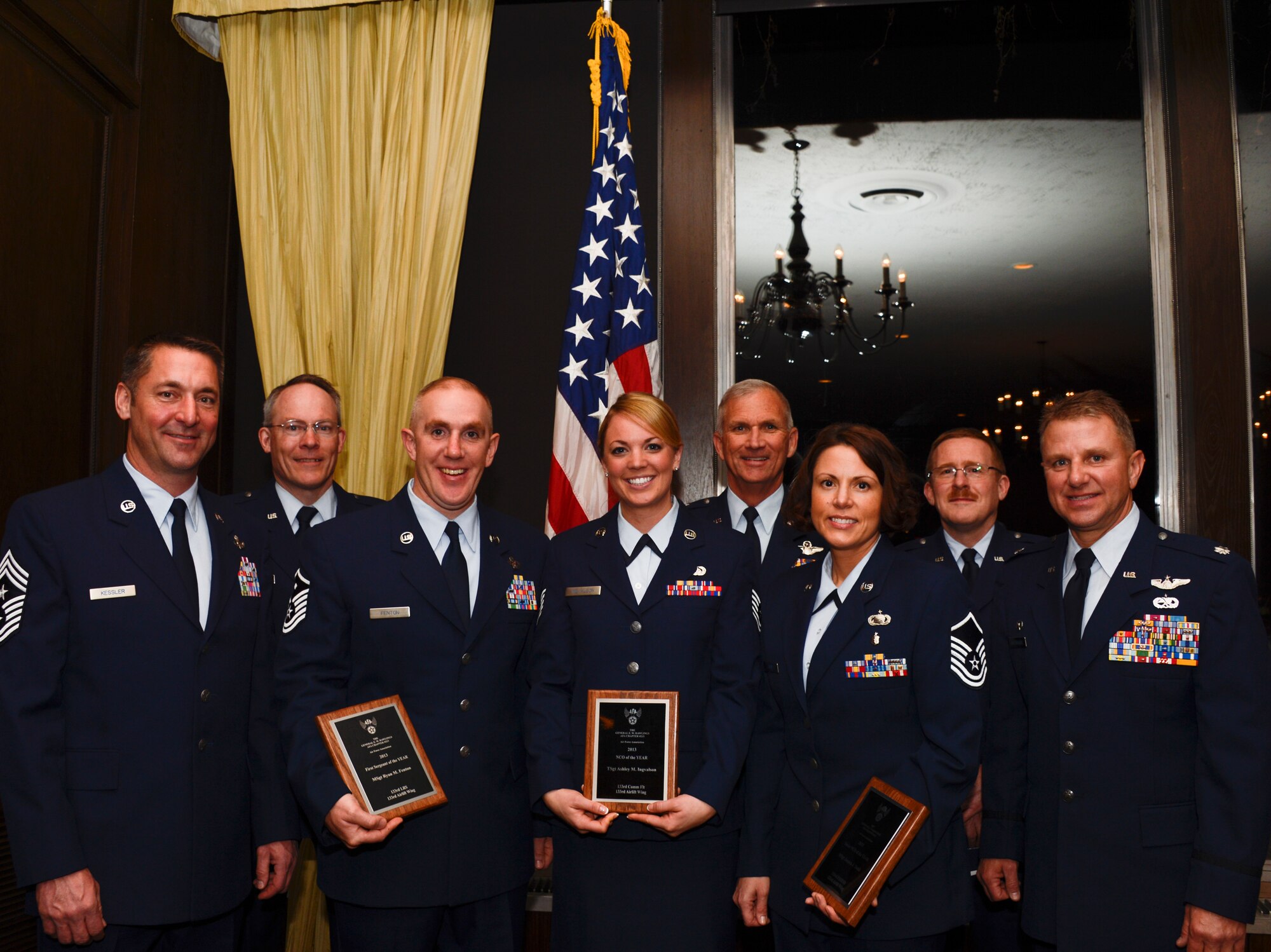 Members of the Minnesota Air National Guard pose for a photograph after the Air Force Association’s (AFA) Annual Awards Dinner in St. Paul, Minn., Apr. 5, 2013. The AFA honored the 133rd Airlift Wing 2013 Outstanding Airmen of the Year for their achievements.
(U.S. Air Force photo by Staff Sgt. Amy M. Lovgren/Released)

