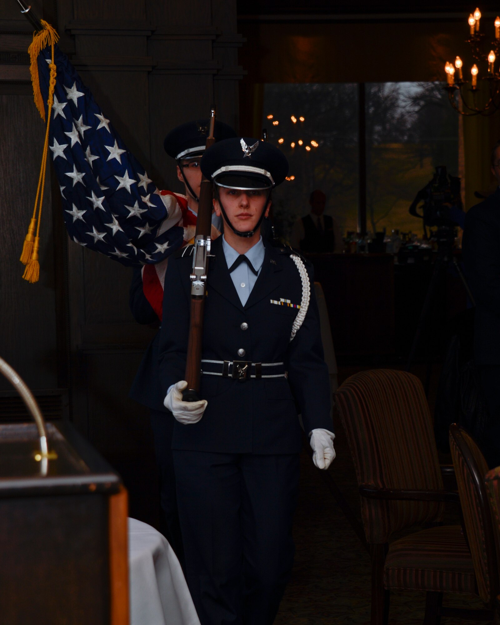 University of St. Thomas ROTC Detachment 410 cadets presents the U.S. flag during the Air Force Association’s Annual Awards Dinner in St. Paul, Minn., Apr. 5, 2013. Airmen assigned to various commands around Minnesota were honored for their achievements during the ceremony.
(U.S. Air Force photo by Staff Sgt. Amy M. Lovgren/Released)