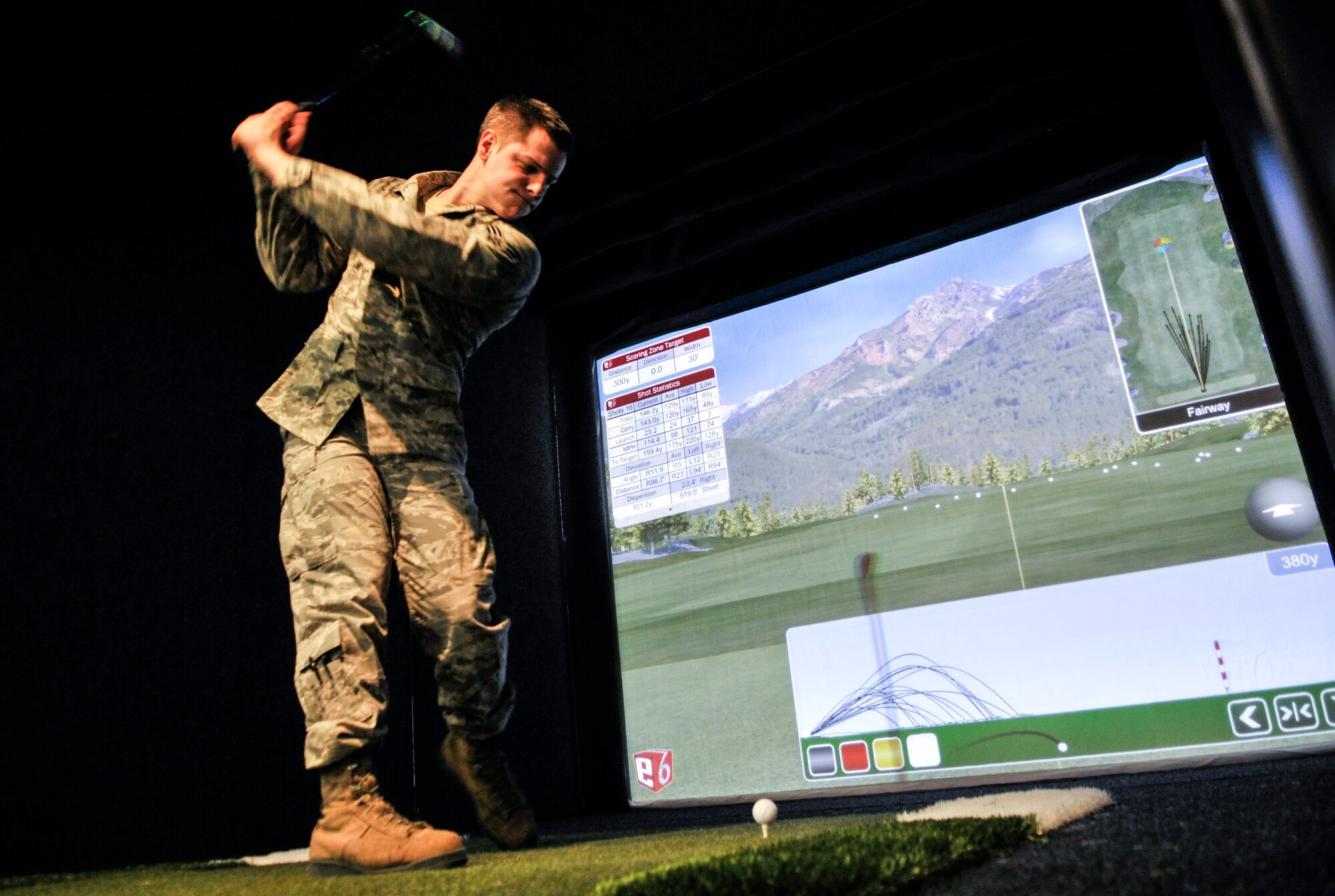 U.S. Air Force Senior Airman Dane Adams, 354th Communications Squadron cyber transport technician, practices his golf swing during Eielson City Center’s opening March 29, 2013, Eielson Air Force Base, Alaska. The ECC gives Airmen and their families the opportunity for various activities in a central location on base. (U.S. Air Force photo/ Senior Airman Racheal E. Watson/Released)