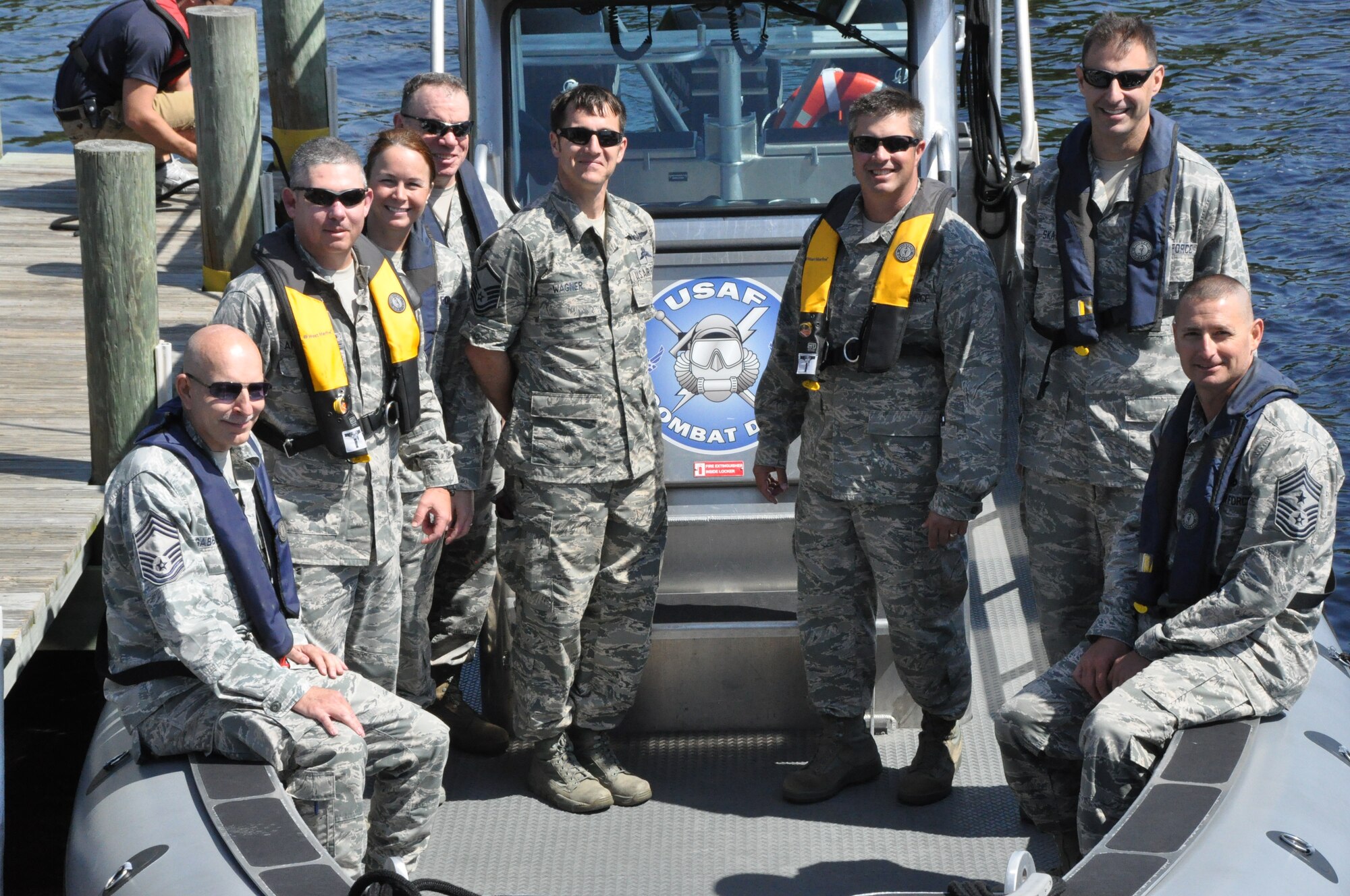 The 325th Fighter Wing commander, Col. David E. Graff, the 325th FW command chief, Chief Master Sgt. Raymond DeVite Jr., along with other wing leadership visited the Air Force Combat Dive School, Naval Support Activity Panama City, April 10 to familiarize themselves with other local Air Force mission sets and explore opportunities for collaboration. (U.S. Air Force photo by Senior Airman Christopher Reel)