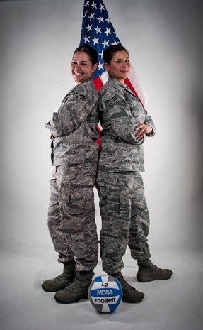 Senior Airman Sheila Sanchez-Tosado (left), 628th Communications Squadron unit deployment manager, and Senior Airman Sebastiana Solis-Lopez, 437th Aircraft Maintenance Squadron UDM, will participate in the 2013 All-Air Force Women’s Volleyball Trial Camp April 14 to May 1, 2013, at Hill Air Force Base, Utah. If chosen for a position on the Air Force team, they will compete in the 2013 Armed Forced Women’s Volleyball Championship May 2 – 13, 2013, at Hill AFB. (U.S. Air Force photo/Senior Airman Dennis Sloan)