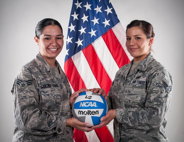 Senior Airman Sheila Sanchez-Tosado (left), 628th Communications Squadron unit deployment manager, and Senior Airman Sebastiana Solis-Lopez, 437th Aircraft Maintenance Squadron UDM, will participate in the 2013 All-Air Force Women’s Volleyball Trial Camp April 14 to May 1, 2013, at Hill Air Force Base, Utah. If chosen for a position on the Air Force team, they will compete in the 2013 Armed Forced Women’s Volleyball Championship May 2 – 13, 2013, at Hill AFB. (U.S. Air Force photo/Senior Airman Dennis Sloan)