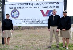 (From right to left) Navy Capt. Mary Kim Kenney-Gutshall, Naval Health Clinic Charleston commanding officer, Capt. Richard Joralmon, NHCC executive officer and Master Chief Petty Officer Betty Watson, NHCC command master chief, unveil the NHCC directional signage which reads "Tobacco Free Campus" at NHCC on Joint Base Charleston – Weapons Station, S.C., March 1, 2013. (U.S. Navy photo/Jeff Kelly)
