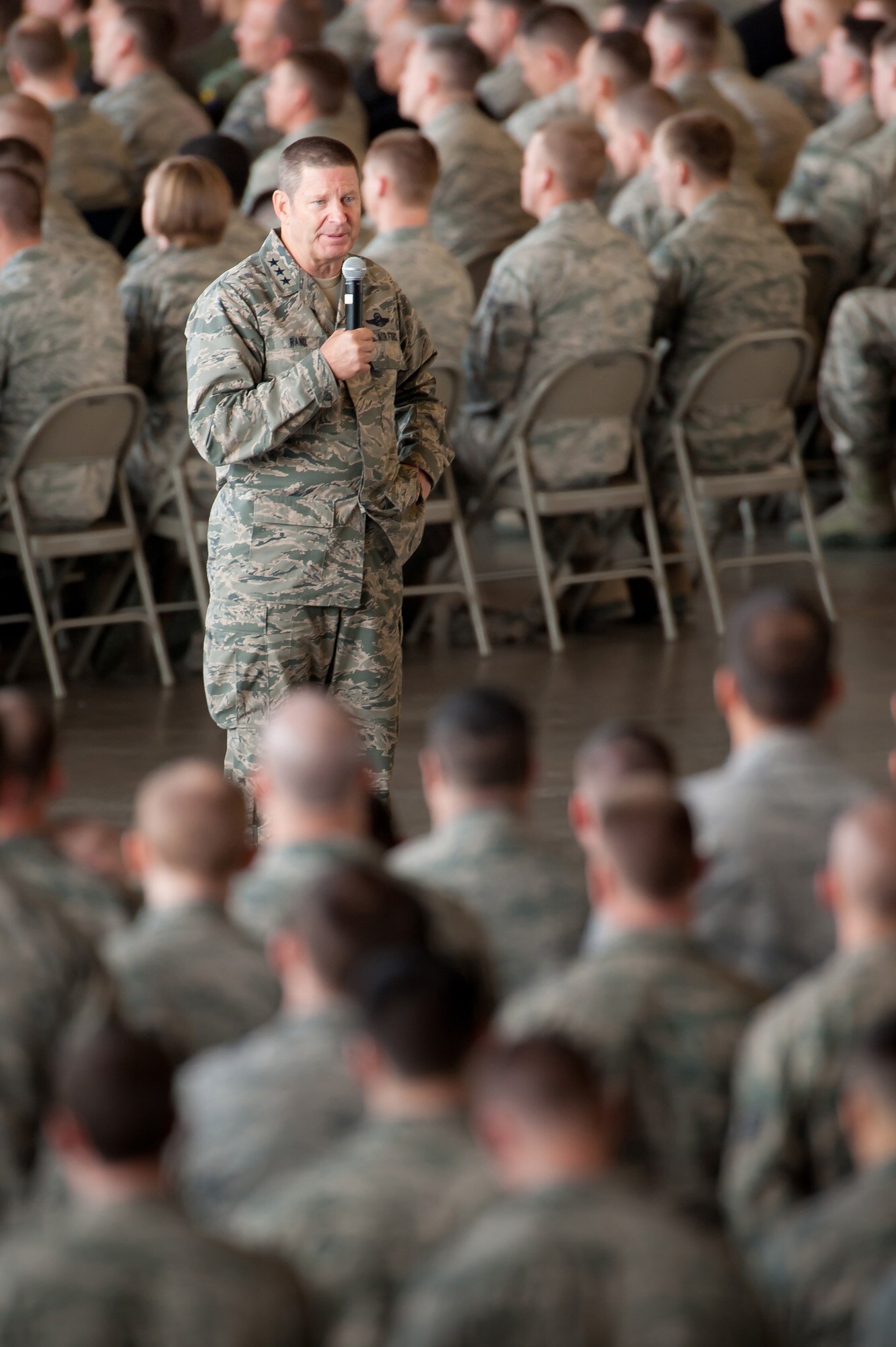 Lt. Gen. Robin Rand, 12th Air Force commander, speaks with Airmen from the 28th Bomb Wing at Ellsworth Air Force Base, S.D. April 5, 2013. Lt. Gen. Rand discussed a wide range of topics during his commander's call including the importance of standards, heritage and the wingman concept. (U.S. Air Force photo by Tech. Sgt. Nathan Gallahan/Released)