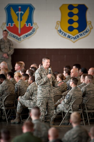 Lt. Gen. Robin Rand, 12th Air Force commander, speaks with Airmen from the 28th Bomb Wing at Ellsworth Air Force Base, S.D. April 5, 2013. Lt. Gen. Rand discussed a wide range of topics during his commander's call including the importance of standards, heritage and the wingman concept. (U.S. Air Force photo by Tech. Sgt. Nathan Gallahan/Released)