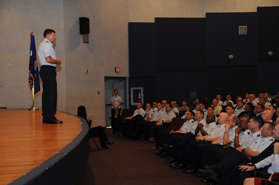 Maj. Gen. Leonard Patrick speaks to airman at a commander's call April 8th at Sheppard Air Force base in a theater auditorium. Patrick spoke on the 2nd Air Force mission and how airman fit into the overall Air Force mission. (U.S. Air Force photo by Airman 1st Class Jelani Gibson) 