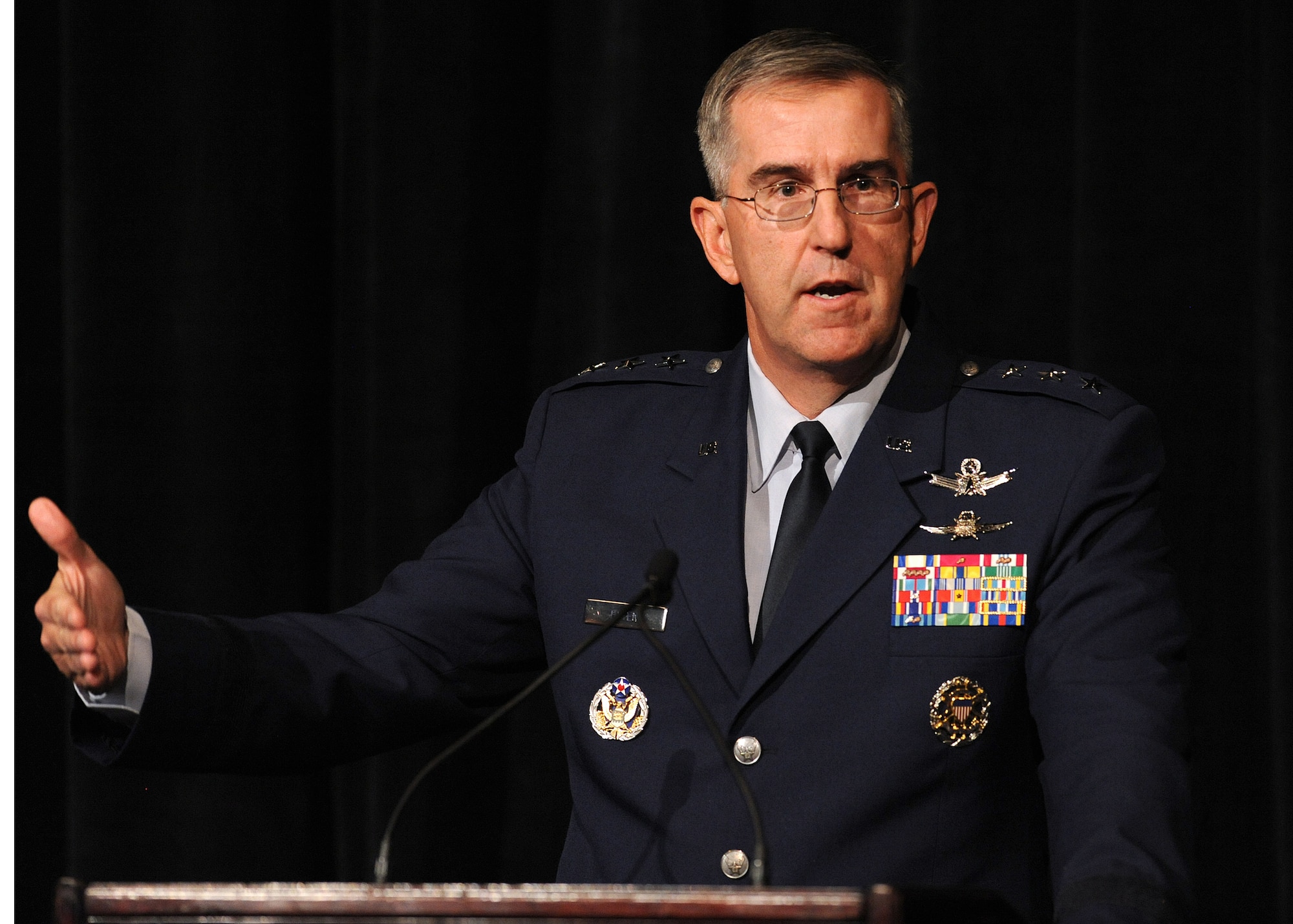 Lieutenant General John E. Hyten, Air Force Space Command vice commander, speaks about how cyber operations are a clear catalyst for change in the art and science of modern warfare during the Space Foundation's Cyber 1.3 luncheon at The Broadmoor hotel, Colorado Springs, Colo., April 8. (U.S. Air Force photo/Duncan Wood)  