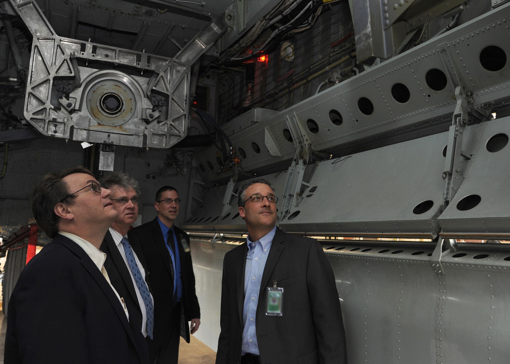 Members of the Air Force Scientific Advisory Board look at the inside of a B-52H Stratofortress at Barksdale Air Force Base, La., April 9. Chief Scientist of the U. S. Air Force Dr. Mark Maybury and members of the Board visited Barksdale AFB April 7-10 for their spring meeting. (U.S. Air Force photo/Airman 1st Class Joseph A. Pagán Jr.)