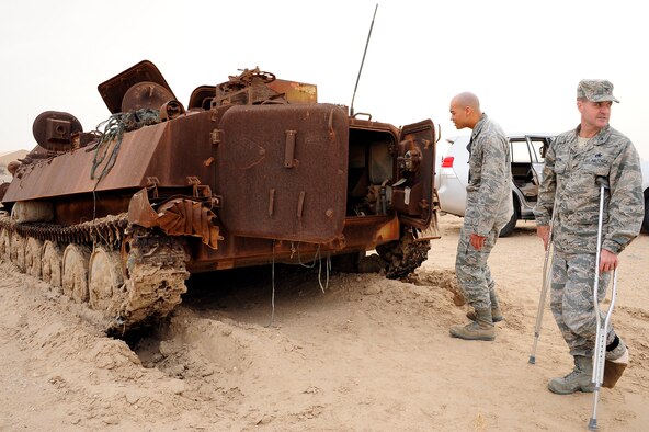 Col. Joseph Martin, 386th Mission Support Group, commander leads the cleanup efforts during the 7R base cleanup at the 386th Air Expeditionary Wing, Southwest Asia Feb 7, 2013. The 7R cleanup beautified the base, put money back into the wing and enhanced security and readiness. (U.S. Air Force photo by Staff Sgt. Nicole Manzanares)