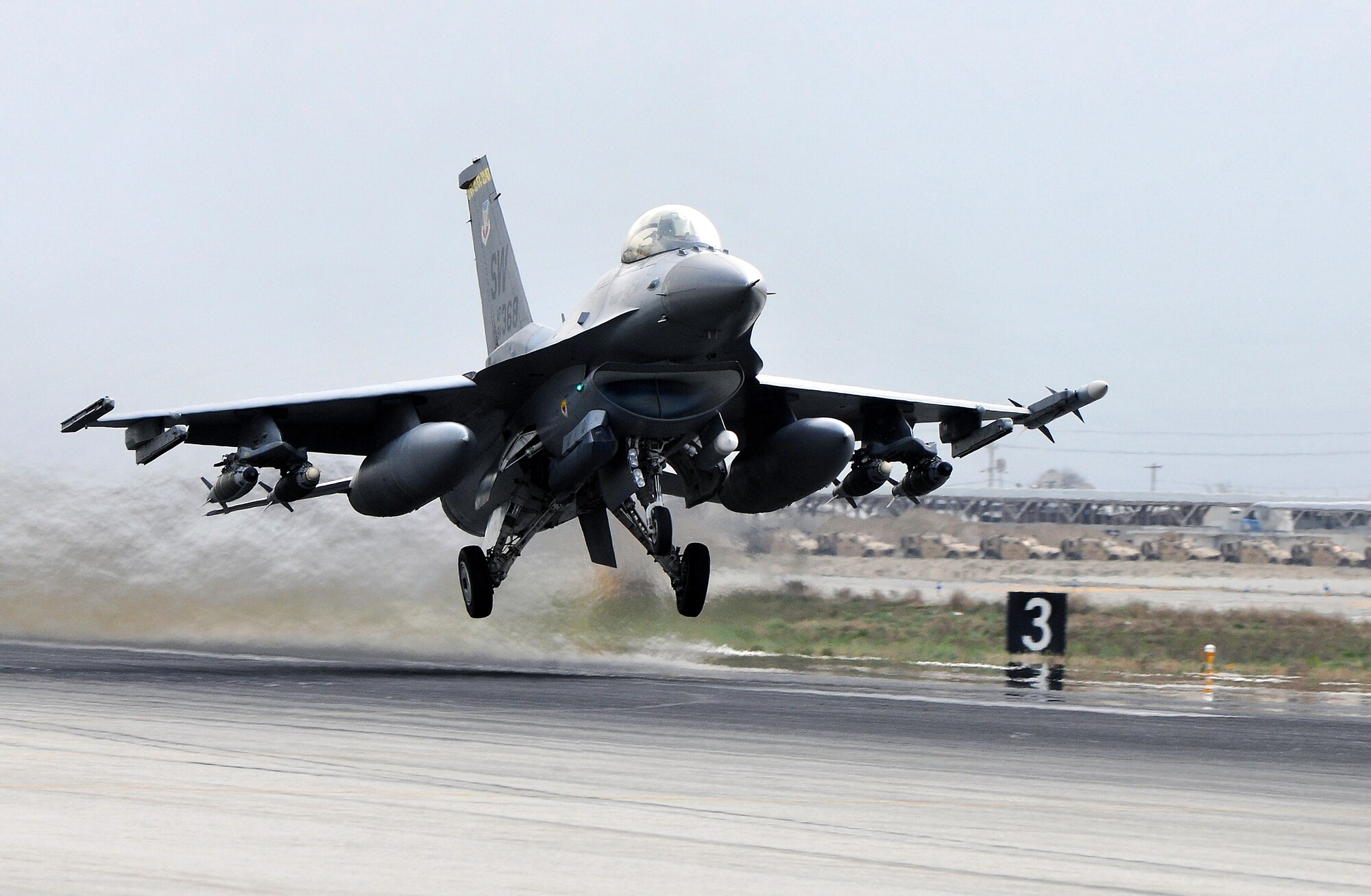 An Air Force F-16 Fighting Falcon deployed Shaw Air Force Base, S.C., takes off from Bagram Airfield, Afghanistan, Apr. 6, 2013. The mission of the F-16 here is to provide tactical air-to-air and air-to-ground support for Operation Enduring Freedom.  (U.S. Air Force photo/Senior Airman Chris Willis)