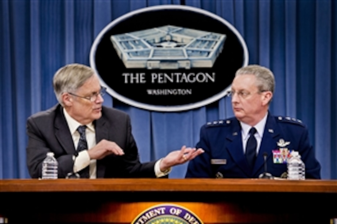 Robert F. Hale, the Defense Department's comptroller, and Air Force Lt. Gen. Mark Ramsay, the Joint Staff's director of force structure, resources and assessment, brief the press at the Pentagon, April 10, 2013. The two officials discussed how the department would efficiently and affordably maintain readiness.