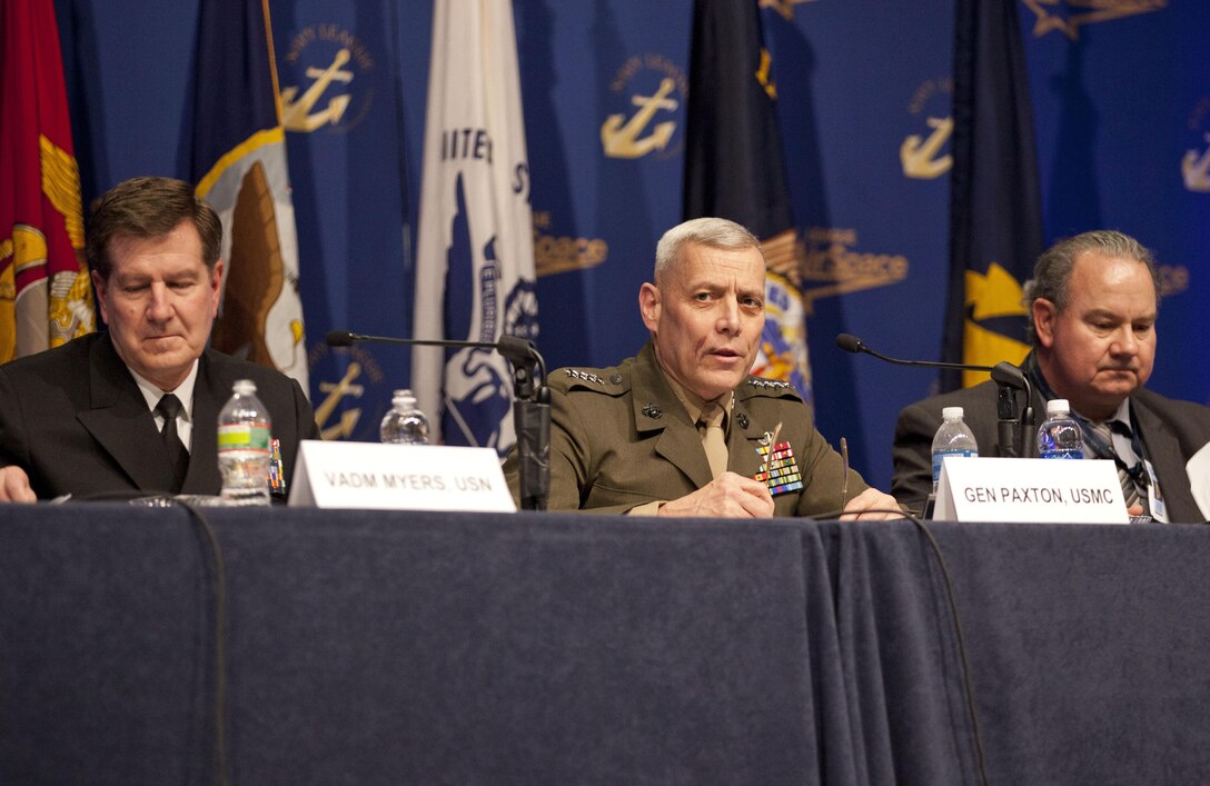 The Assistant Commandant of the Marine Corps, Gen. John M. Paxton, Jr., speaks at the Sea-Air-Space Budget Panel held at the Gaylord National Convention Center, National Harbor, MD, April 10, 2013. Sea-Air-Space is the largest maritime exposition in the U.S. and continues as an invaluable extension of the Navy League's mission of maritime policy education and sea service support. (U.S. Marine Corps photo by Cpl. Tia Dufour/Released)