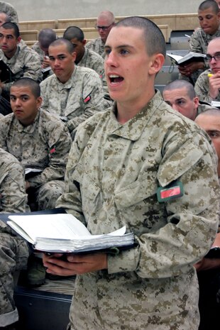 Recruit Michael Hoskins, Platoon 1002, Company A, 1st Recruit Training Battalion, answers a question during a Marine Corps history class aboard Marine Corps Recruit Depot San Diego, March 28.  Topics covered in the class included World War II and the Korean War.