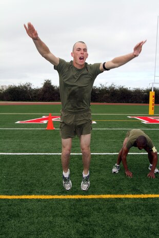 A recruit of Company G, 2nd Recruit Training Battalion, does a star-jumper during the Circuit Course aboard Marine Corps Recruit Depot San Diego, April 2. Recruits will complete the Circuit Course six times throughout recruit training.
