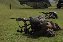 Marines simulate firing from underneath a vehicle while conducting dry-fire practice before a “stress shoot” April 2 on NCTS during Exercise Guahan Shield.  A stress shoot is combat marksmanship training consisting of quick movement and fast shot placement, simulating real-life scenarios.  Exercise Guahan Shield will facilitate multiservice engagements, set conditions for bilateral and multilateral training opportunities, and support rapid response to potential theatre crises and contingency operations in the Asia-Pacific region.  The Marines are part of Company L, 3rd Battalion, 6th Marine Regiment currently assigned to 4th Marine Regiment, 3rd Marine Division, III Marine Expeditionary Force under the Unit Deployment Program.  