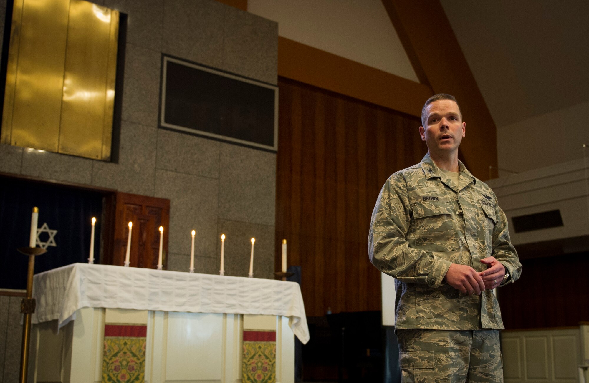 YOKOTA AIR BASE, Japan -- Col. Chip Brown, 374th Airlift Wing vice commander, gives closing remarks during the 2013 Days of Remembrance Commemoration Ceremony at Yokota Air Base, Japan, April 11, 2013. The ceremony highlighted the strength and perseverance of the survivors, while paying tribute to the victims of the Holocaust, as well as honoring the bravery of U.S. soldiers who helped defeat Nazi Germany and liberated Holocaust survivors. (U.S. Air Force photo by Senior Airman Andrea Salazar/Released)