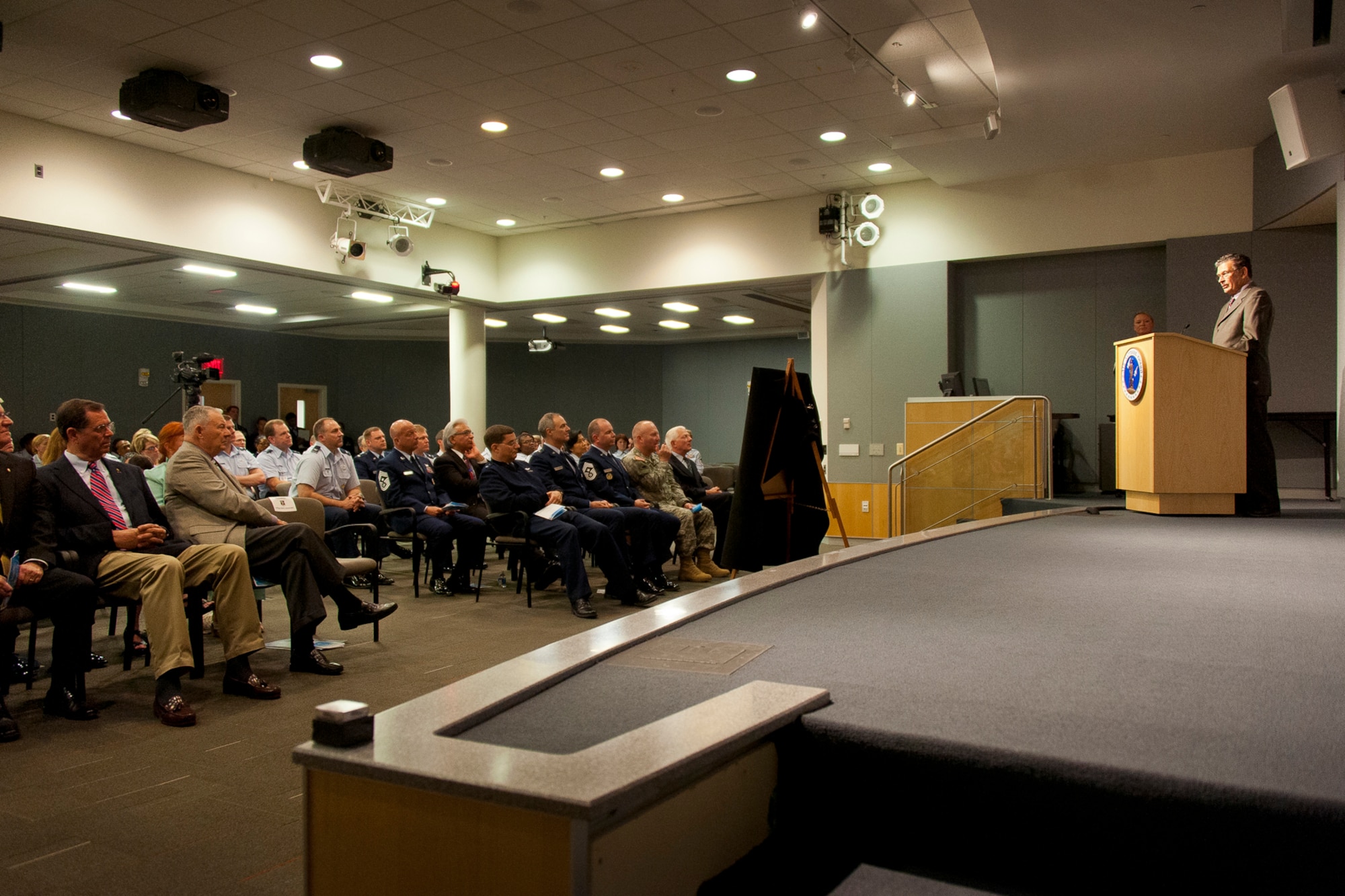 Retired Air Force Chief Master Sergeant Lynn Alexander, speaks during the Chief Jackson Memorial Auditorium dedication ceremony April 11, 2013, honoring Chief Master Sgt. Theodore H. Jackson at the Air National Guard Readiness Center, Joint Base Andrews, Md. Jackson was the first appointed senior enlisted adviser to the director of the Air National Guard and became a recognized spokesman for ANG enlisted personnel on welfare and morale matters. (National Guard photo by Master Sgt. Marvin R. Preston)