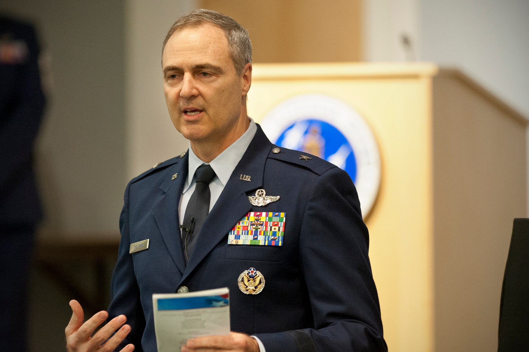 Brig. Gen. R. Scott Williams, commander of the Air National Guard Readiness Center, Joint Base Andrews, Md., speaks during the Chief Jackson Memorial Auditorium dedication ceremony April 11, 2013, honoring Chief Master Sgt. Theodore H. Jackson at the ANGRC. Jackson was the first appointed senior enlisted adviser to the director of the Air National Guard and became a recognized spokesman for ANG enlisted personnel on welfare and morale matters. (National Guard photo by Master Sgt. Marvin R. Preston)