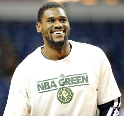 Dallas Mavericks forward Bernard James warms up before a contest with the Sacramento Kings at the Sleep Train Arena, April 5, 2013. James served in the Air Force for six years and began playing basketball at the Harris Fitness Center on Beale Air Force Base, Calif. (U.S. Air Force photo by Airman 1st Class Bobby Cummings/Released)