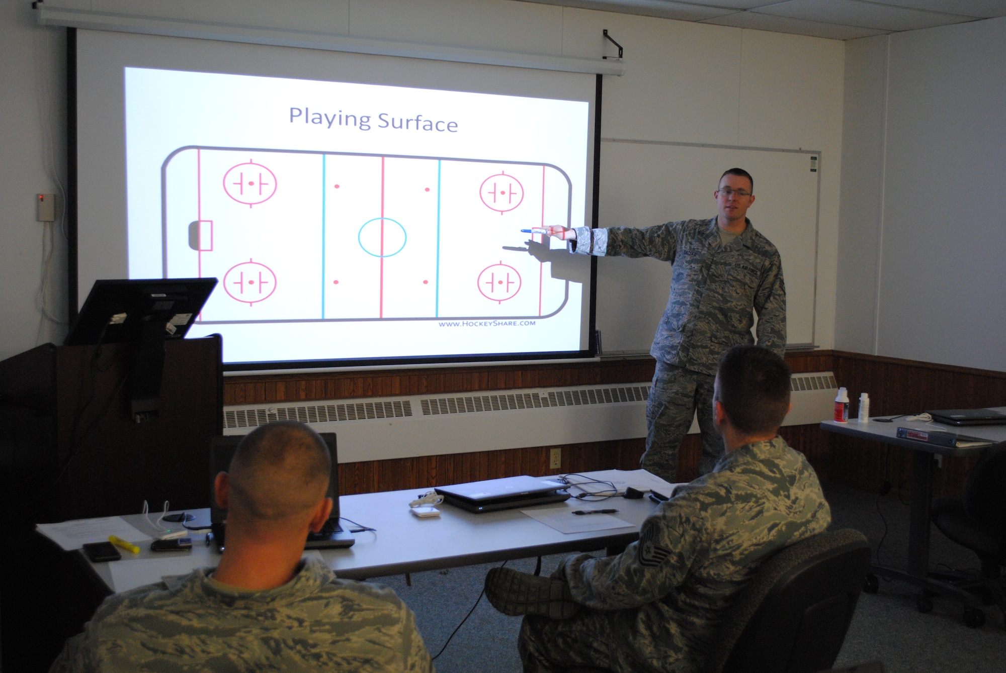Staff Sgt. Ryan Bacskai explains the playing surface of an ice hockey rink during a class presentation April 8, 2013, at the 372nd Training Squadron, Detachment 27, on Grand Forks Air Force Base, N.D. Bacskai was a student in the Principles of Instruction course, which recently opened its enrollment to Airmen outside the maintenance instructor field, resulting in thousands of dollars in savings for the Air Force. (U.S. Air Force photo/Staff Sgt. Luis Loza Gutierrez)

