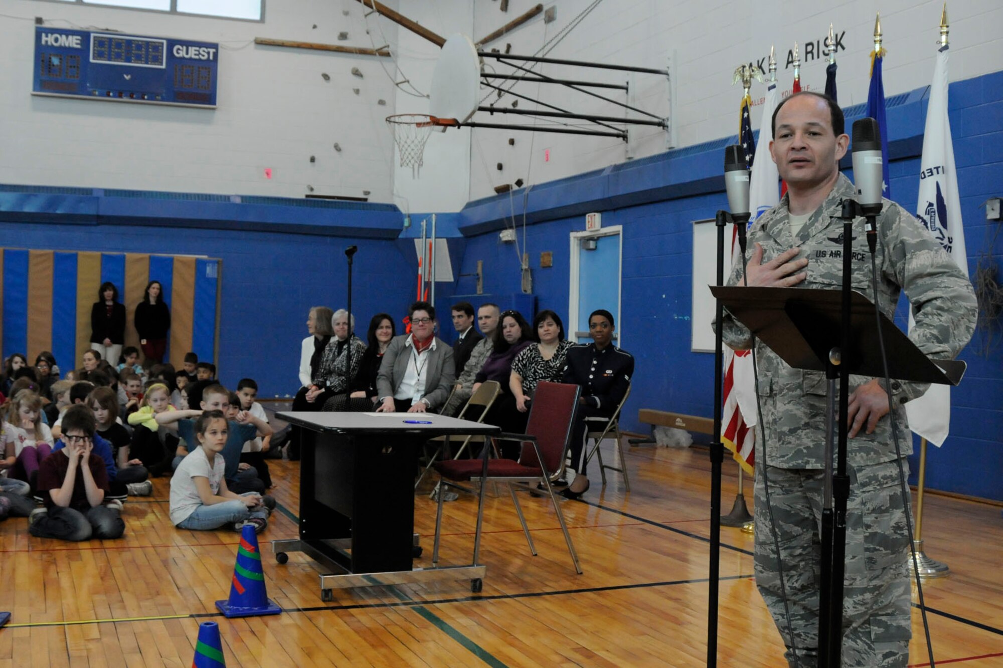 HANSCOM AIR FORCE BASE, Mass. – Col. Juan Gaud, 66th Air Base Group deputy commander, speaks to students and teachers during a Military Child Recognition Ceremony at Hanscom Middle School April 4. The event was held as part of Month of the Military Child and Child Abuse Prevention Month. (U.S. Air Force photo by Linda LaBonte Britt)