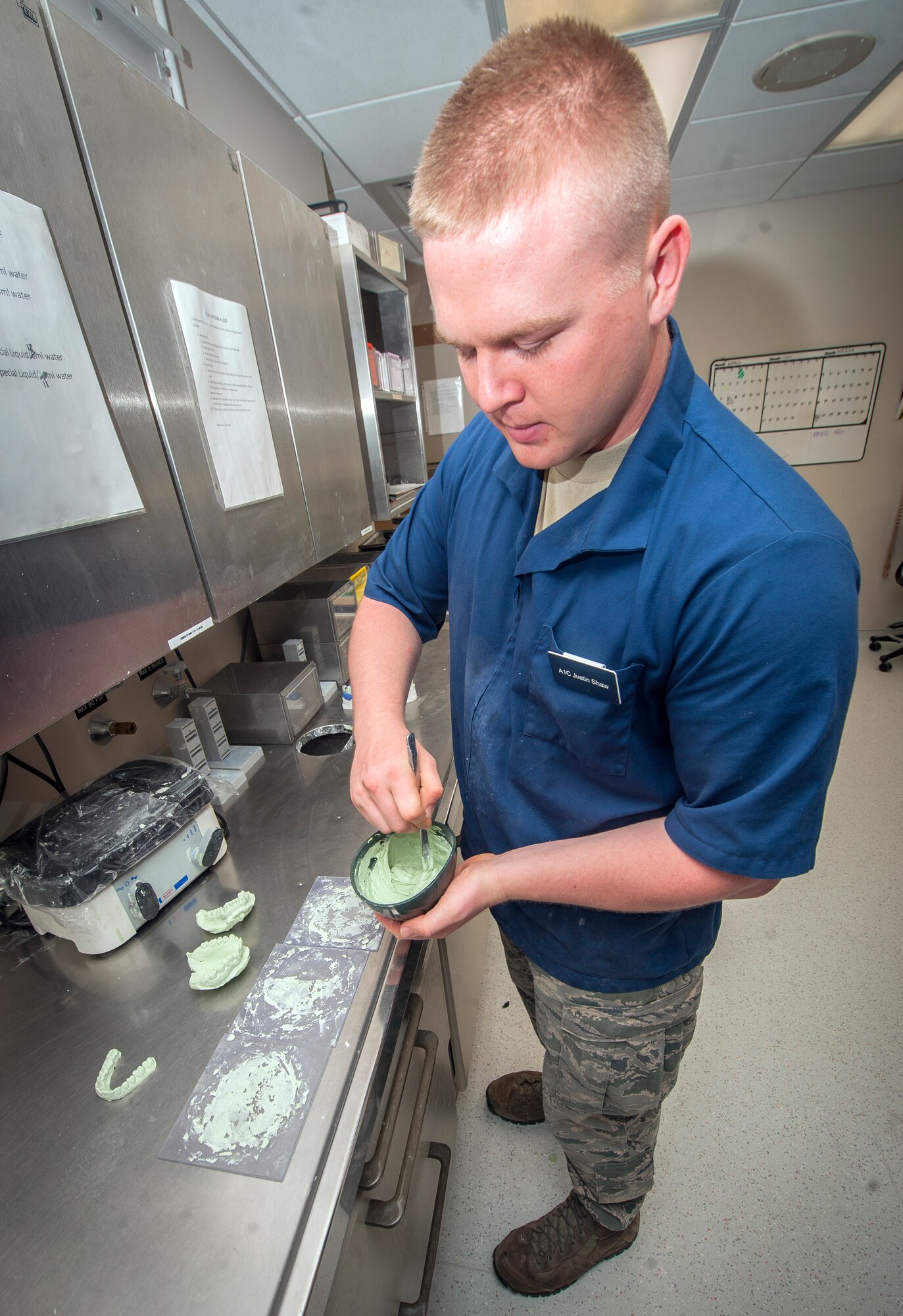 U.S. Air Force Airman 1st Class Justin Shaw, 23d Aerospace Medicine Squadron dental laboratory technician, uses die stone to work on diagnostic molds at Moody Air Force Base, Ga., April 9, 2013.
Dental laboratory technicians use diagnostic molds to make sure dental prosthetics and appliances fit the patient properly. (U.S. Air Force photo by Senior Airman Jarrod Grammel/Released)
