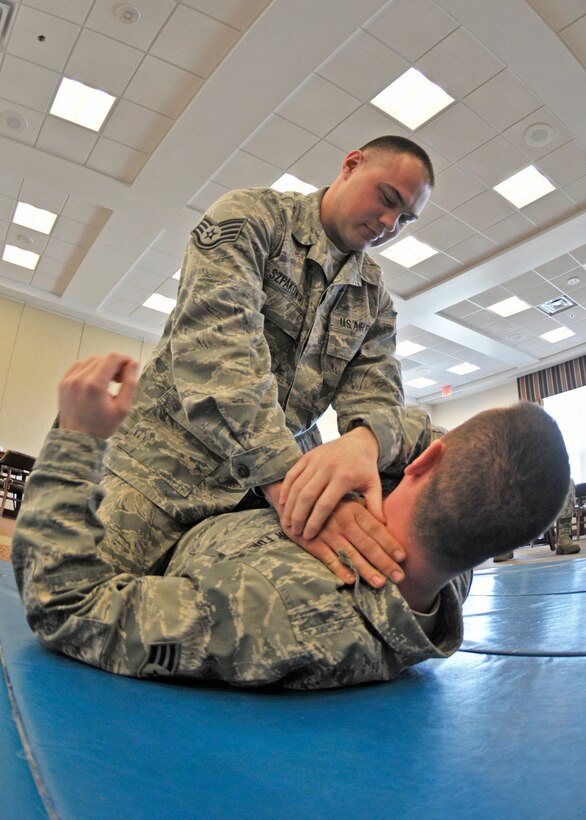 As part of the 914th Airlift Wing's Sexual Assault Awareness Month training, 914th Logistics Readiness Squadron members Senior Airman Dillon Pinkham and Staff Sgt. Lyle Szpakowski give a demonstration of how to break free from an attacker during a luncheon held at the Community Activity Center, April 8, 2013, Niagara Falls Air Reserve Station, NY. This training was one of several SAAM events held at the NFARS. (U.S. Air Force photo by Tech. Sgt. Joseph McKee) 