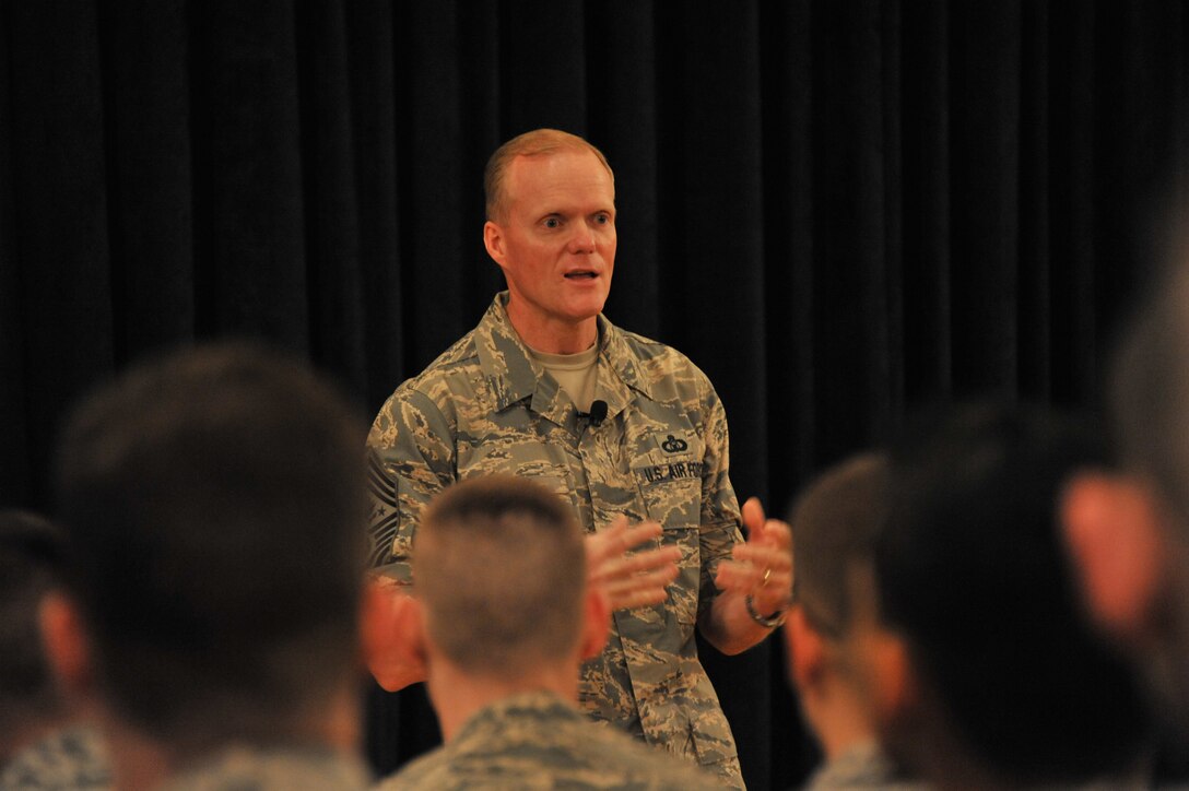 Chief Master Sgt. of the Air Force James Cody answers questions during an Airmen's call Wednesday at Maxwell. Cody talked about the future of the Air Force and fielded questions about various topics including increasing personnel costs, the tuition assistance program and changes to the Air Force fitness assessment. (U.S. Air Force photo by Senior Airman Christopher Stoltz)