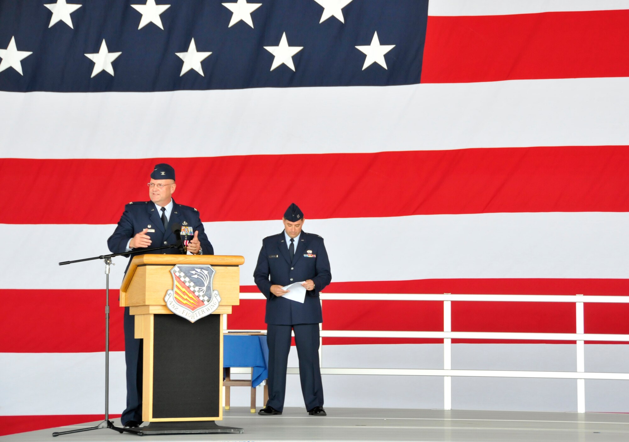 Col. Douglas Batson, new 482nd Maintenance Group commander, addresses the crowd during a change of command ceremony at Homestead Air Reserve Base, Fla., April 7. (U.S. Air Force photo/Senior Airman Nicholas Caceres)