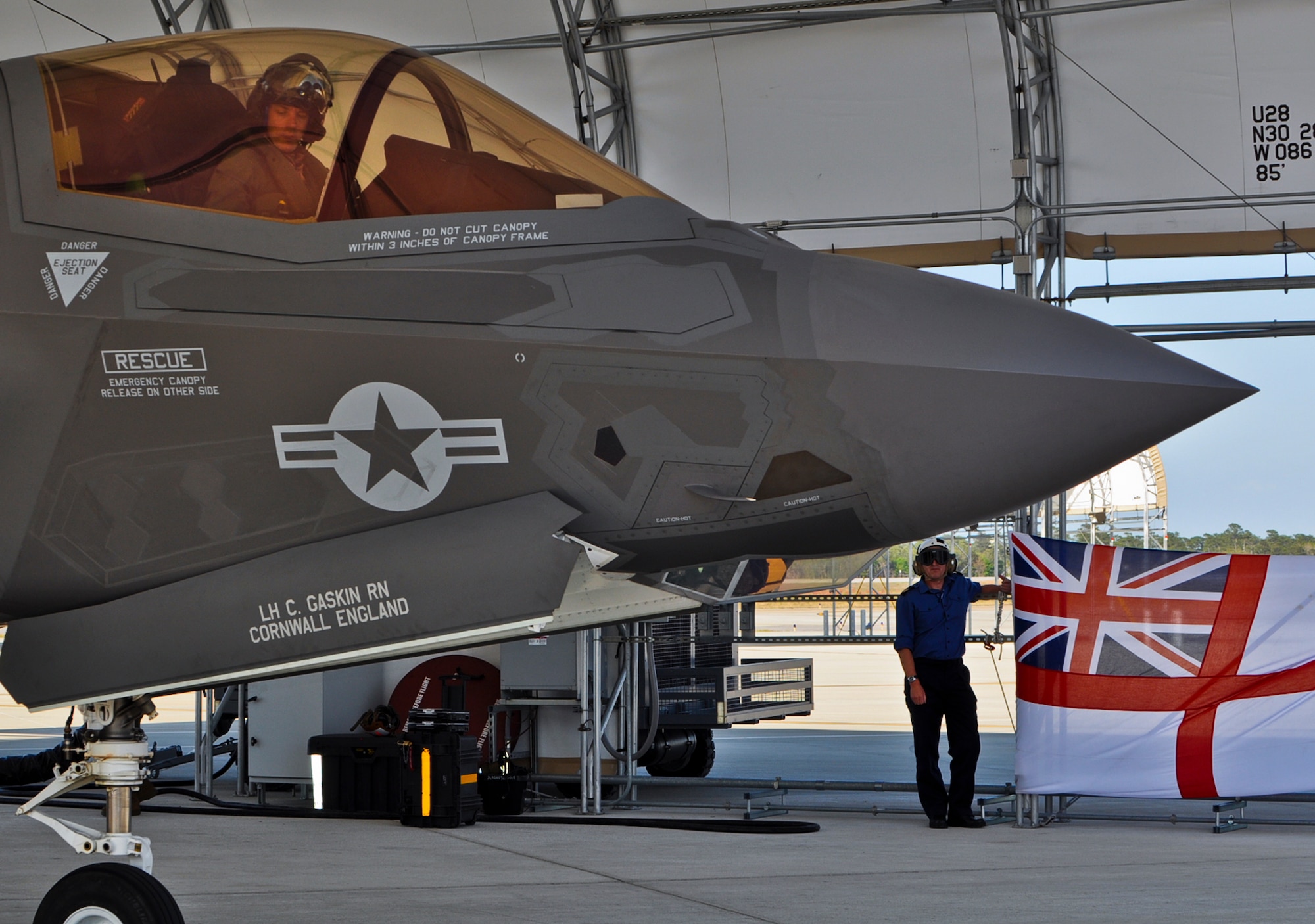United Kingdom pilot, Lt. Cmdr. Ian Tidball, became the first Royal Navy student-pilot to fly a sortie in the F-35B Lightning II April 10 at Eglin Air Force Base, Fla.  Tidball has flight experience in the British Sea Harrier and the F-18 Super Hornet. (U.S. Air Force photo/Maj. Karen Roganov)