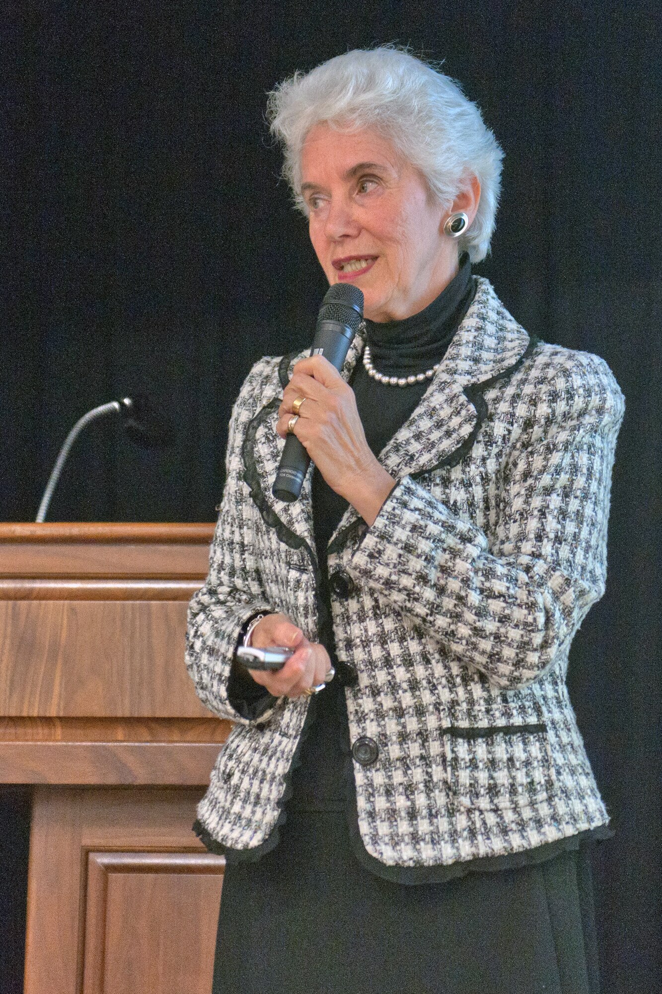 RAF ALCONBURY, United Kingdom – Eva Clarke, the daughter of a Czech mother and German father, both of whom were Jewish, spoke at the Holocaust Remembrance Luncheon at the RAF Alconbury Community Activities Center April 8. She shared her parents’ experiences of being kept prisoner for three years in German concentration camps, saying her parents weren’t her only family members suffering at the hands of the Nazi soldiers. (U.S. Air Force photo by Staff Sgt. Brian Stives)