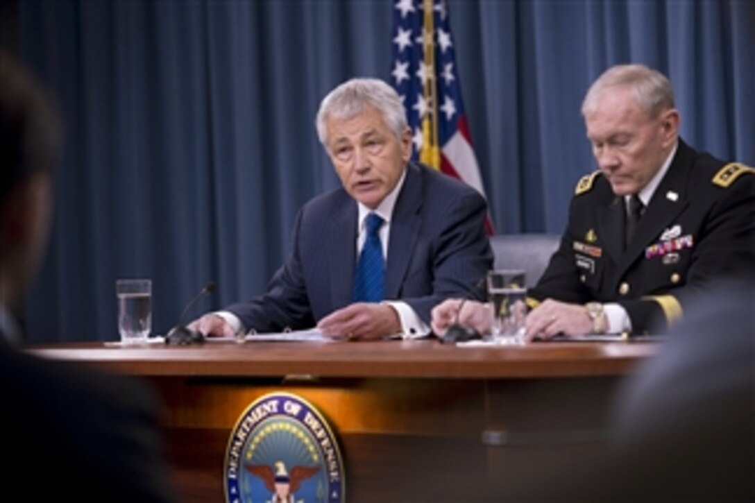 Secretary of Defense Chuck Hagel and Chairman of the Joint Chiefs of Staff Gen. Martin E. Dempsey brief the press on President Obama's budget request for the 2014 fiscal year as well as the continuing effects of sequestration on the defense budget in the Pentagon on April 10, 2013.  Hagel and Dempsey highlighted some of the changes in the way the department operates and reducing support costs to save an additional $34 billion over the next five years.
