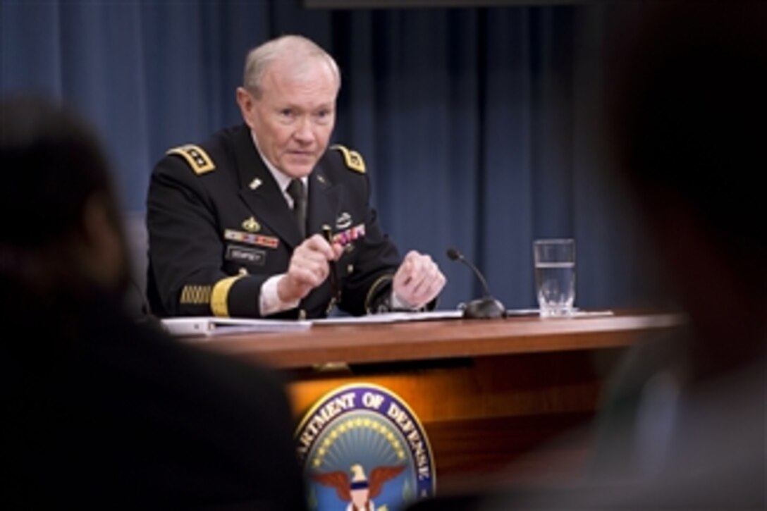 Chairman of the Joint Chiefs of Staff Gen. Martin E. Dempsey briefs the press on President Obama's budget request for the 2014 fiscal year as well as the continuing effects of sequestration on the defense budget in the Pentagon on April 10, 2013.  Dempsey joined Secretary of Defense Chuck Hagel in highlighting some of the changes in the way the department operates and reducing support costs to save an additional $34 billion over the next five years.  
