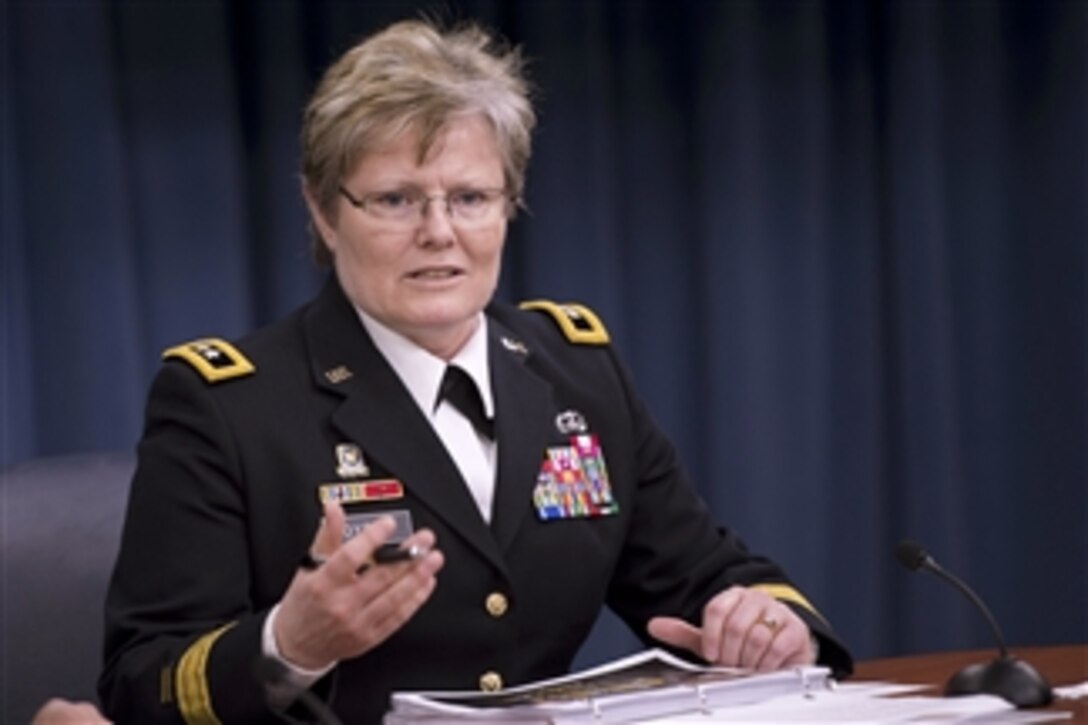 Director of Army Budget Maj. Gen. Karen Dyson briefs the press on the Army portion of President Obama's budget request for the 2014 fiscal year in the Pentagon on April 10, 2013.  
