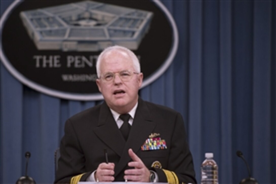 Deputy Assistant Secretary of the Navy for Budget Rear Adm. Joseph Mulloy briefs the press on the Navy-Marine Corps portion of President Obama's budget request for the 2014 fiscal year in the Pentagon on April 10, 2013.  