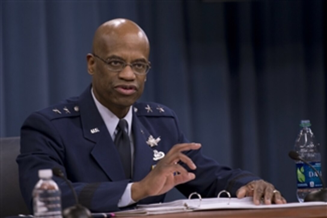Deputy Assistant Secretary of the Air Force for Budget Maj. Gen. Edward Bolton Jr., briefs the press on the Air Force portion of President Obama's budget request for the 2014 fiscal year in the Pentagon on April 10, 2013.  