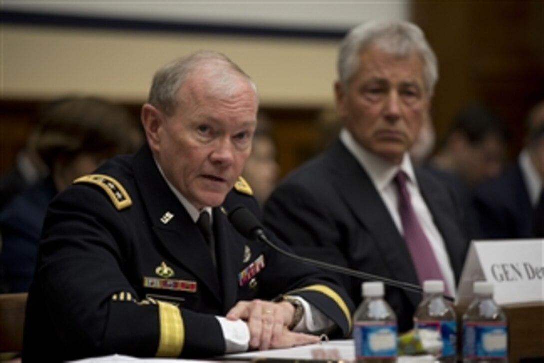 Chairman of the Joint Chiefs of Staff Gen. Martin E. Dempsey testifies before the House Armed Services Committee on the fiscal year 2014 National Defense Authorization Budget Request in the Rayburn Building in Washington, D.C., on April 11, 2013.  Dempsey joined Secretary of Defense Chuck Hagel and Under Secretary of Defense-Comptroller Robert Hale for the testimony.  
