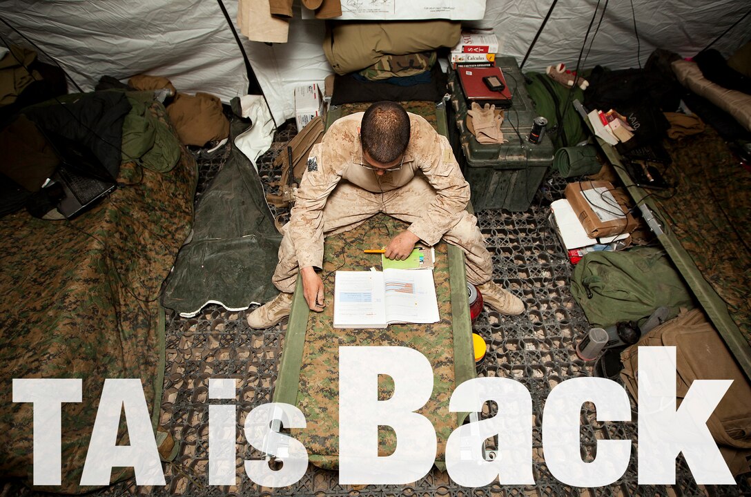 U.S. Marine Lance Cpl. Edward Knudsen, a 25-year-old mortarman with Headquarters Platoon, Weapons Company, 3rd Battalion, 3rd Marine Regiment, and a native of Rapid City, S.D., studies a mathematics textbook in his sleeping area after a long day of work as an armory custodian during his second deployment here, Jan. 31. Knudsen worked through two years of college before joining the Marine Corps in 2008, admitting he couldn’t muster the discipline to stay committed to school. Though his days are long and his down time precious, he often fades into study mode after his work is done, refreshing his algebra, trigonometry and calculus and studying for the SAT exam. Knudsen plans to resume his studies and complete a bachelor degree in mechanical engineering when his active duty service expires in 2014.