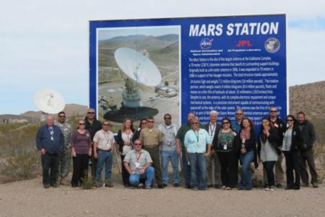 Participants of Partners in Safety who toured the Goldstone Deep Space Communications Complex pose for a photo in front of the Mars Station, March 26. The group consisted of safety specialists on Marine Corps Logistics Base Barstow, the National Training Center at Fort Irwin and various other California safety agencies. During the tour they shared ideas on how to improve overall safety at each organization.


