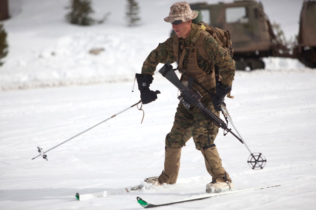 MOUNTAIN WARFARE TRAINING CENTER, BRIDGEPORT, Calif. - Cpl. John Alberson, a team leader with Echo Company, 2nd Battalion, 3rd Marine Regiment, skis downhill during ski tour training conducted at Mountain Warfare Training Center in Bridgeport, Calif., April 3, 2013. The "Island Warriors" are conducting training at MWTC in preparation for operations in colder temperature, higher altitude environments. (U.S. Marine Corps photo by Lance Cpl. Suzanna Lapi)