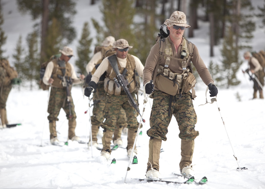MOUNTAIN WARFARE TRAINING CENTER, BRIDGEPORT, Calif. - Lance Cpl. Justin Hoppis, a machine gun squad leader with Echo Company, 2nd Battalion, 3rd Marine Regiment, skis with his fellow Marines during ski tour training conducted at Mountain Warfare Training Center in Bridgeport, Calif., April 3, 2013. (U.S. Marine Corps photo by Lance Cpl. Suzanna Lapi)