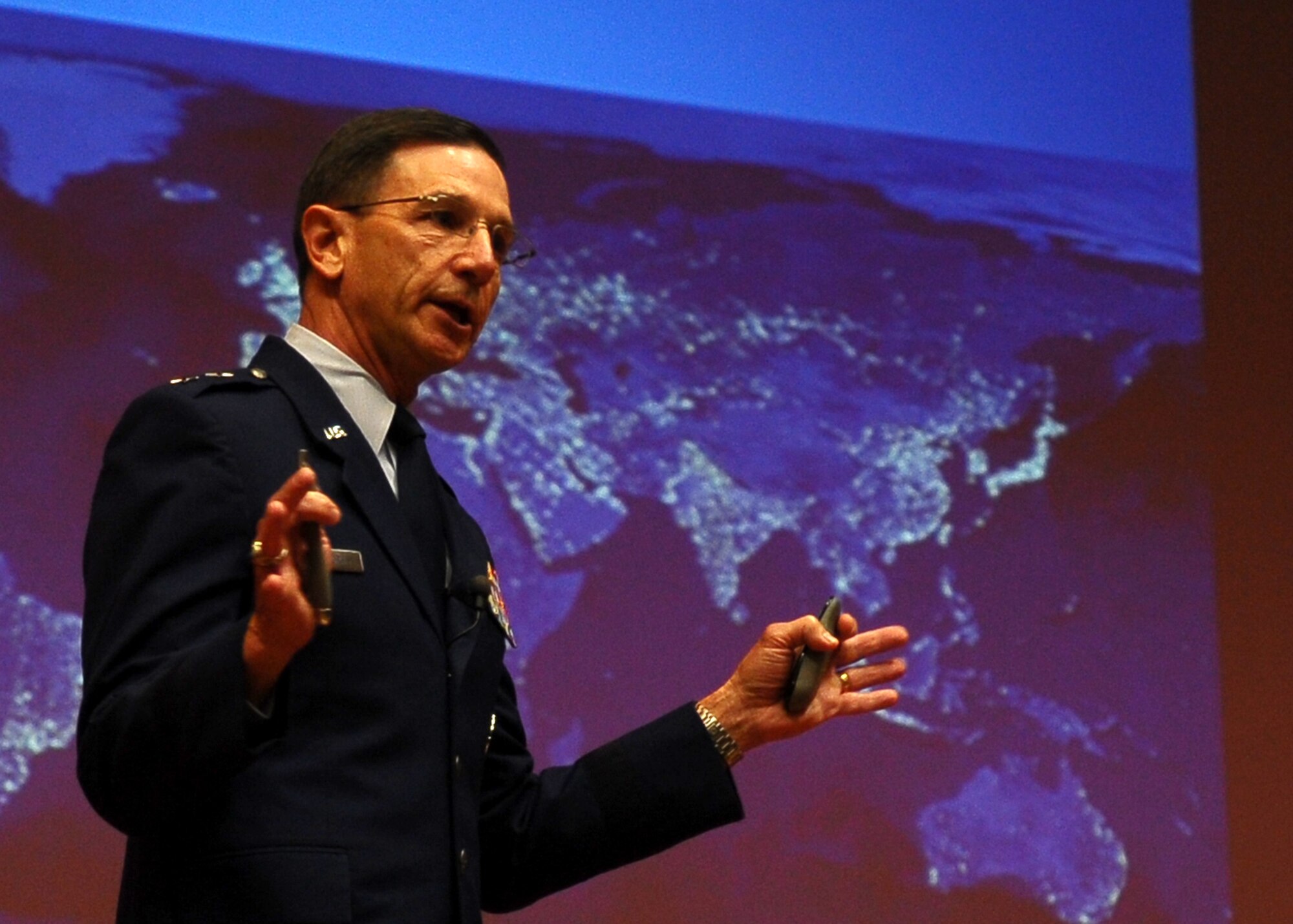 Maj. Gen. Byron Hepburn speaks during the Specialized Undergraduate Pilot Training Class 13-07 graduation April 5 in the Kaye Auditorium here.  Hepburn is the Commander, 59th Medical Wing, Wilford Hall Ambulatory Surgical Center, Joint Base Can Antonio-Lackland, Texas.  (U.S. Air Force Photo/Airman 1st Class Charles Dickens)