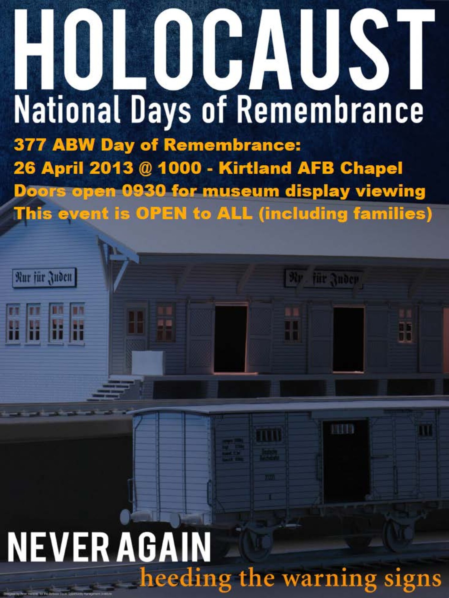 The Kirtland AFB Holocaust Remembrance Committee will host this year’s remembrance at 10 a.m. April 26 in the chapel. 