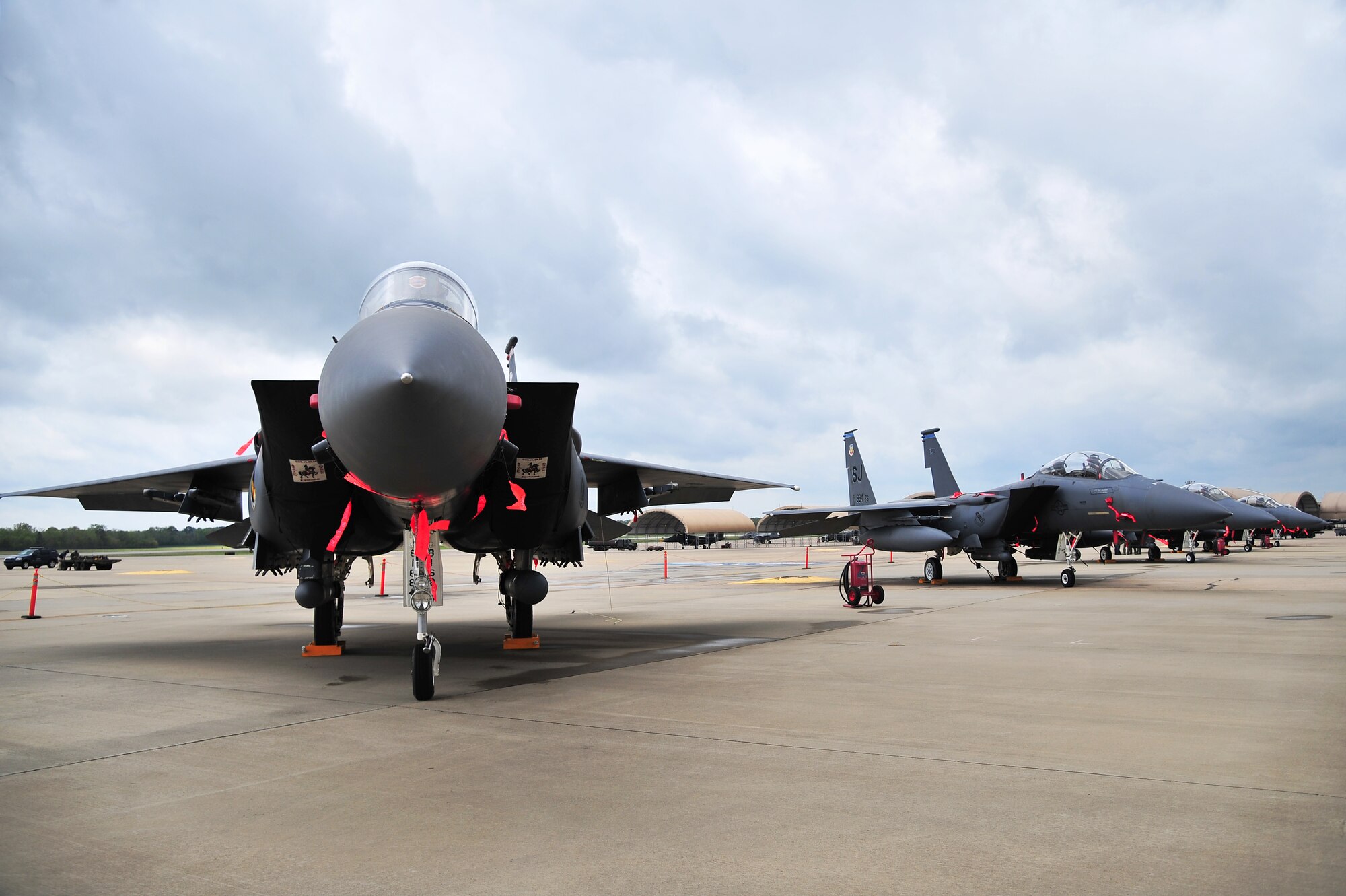 The 4th Fighter Wing’s squadron and wing flagships are displayed in commemoration of the F-15E Strike Eagle’s 25th anniversary on Seymour Johnson Air Force Base, N.C., April 12, 2013. The first Strike Eagle was delivered to Luke Air Force Base, AZ, in April 1988 for initial training and reached operational capability at Seymour Johnson Air Force Base in September 1989. (U.S. Air Force photo by Airman 1st Class Aubrey White/Released)