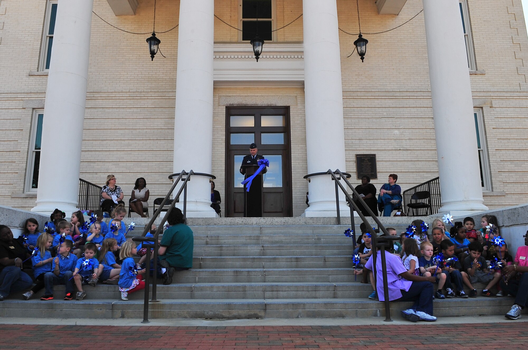 U.S. Air Force Col. Michael Koscheski, 4th Operations Group commander, speaks about the importance of ensuring the well-being of children during the Child Abuse Prevention Proclamation Ceremony at City Hall in Goldsboro, N.C., April 10, 2013. With April being Child Abuse Prevention Month and the Month of the Military Child, Koscheski highlighted efforts being made in conjunction with the City of Goldsboro to continue to support children throughout the community. (U.S. Air Force photo by Airman 1st Class Aubrey White/Released)