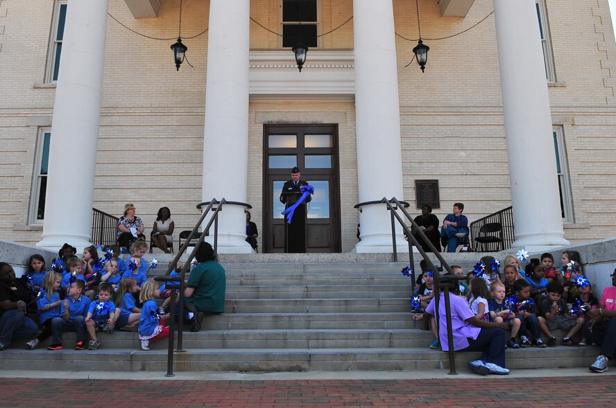 U.S. Air Force Col. Michael Koscheski, 4th Operations Group commander, speaks about the importance of ensuring the well-being of children during the Child Abuse Prevention Proclamation Ceremony at City Hall in Goldsboro, N.C., April 10, 2013. With April being Child Abuse Prevention Month and the Month of the Military Child, Koscheski highlighted efforts being made in conjunction with the City of Goldsboro to continue to support children throughout the community. (U.S. Air Force photo by Airman 1st Class Aubrey White/Released)