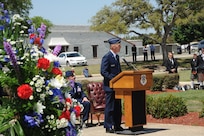 U. S. Air Force Maj. General Timothy Zadalis, Director of Intelligence, Operations, and Nuclear Integration at Headquarters Air Education and Training Command, speaks at the 560th Flying Training Squadron's 40th Annual Freedom Flyers’ Reunion April 12.  The reunion is a celebration of repatriated Vietnam prisoners of war. The 560th Flying Training Squadron gave American pilots, who returned in 1973 from imprisonment in North Vietnam, their “freedom flight” to honor their return.  (U.S. Air Force photo by Melissa Peterson)