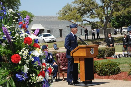 U. S. Air Force Maj. General Timothy Zadalis, Director of Intelligence, Operations, and Nuclear Integration at Headquarters Air Education and Training Command, speaks at the 560th Flying Training Squadron's 40th Annual Freedom Flyers’ Reunion April 12.  The reunion is a celebration of repatriated Vietnam prisoners of war. The 560th Flying Training Squadron gave American pilots, who returned in 1973 from imprisonment in North Vietnam, their “freedom flight” to honor their return.  (U.S. Air Force photo by Melissa Peterson)