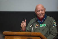 U. S. Air Force Ret. Lt. Col. John Yuill speaks at the 560th Flying Training Squadron's 40th Annual Freedom Flyers’ Reunion April 12.  The reunion is a celebration of repatriated Vietnam prisoners of war. The 560th Flying Training Squadron gave American pilots, who returned in 1973 from imprisonment in North Vietnam, their “freedom flight” to honor their return. (U.S. Air Force by Joshua Rodriguez)(released)