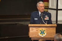 U. S. Air Force Ret Maj. General William P. Acker speaks at the 560th Flying Training Squadron's 40th Annual Freedom Flyers’ Reunion April 12.  The reunion is a celebration of repatriated Vietnam prisoners of war. The 560th Flying Training Squadron gave American pilots, who returned in 1973 from imprisonment in North Vietnam, their “freedom flight” to honor their return.   (U.S. Air Force photo by Joshua Rodriguez) (released)
